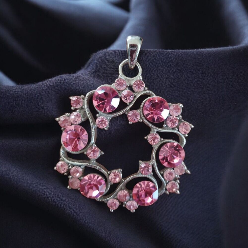 Vintage Rhinestone Wreath Pendant Silver Tone
